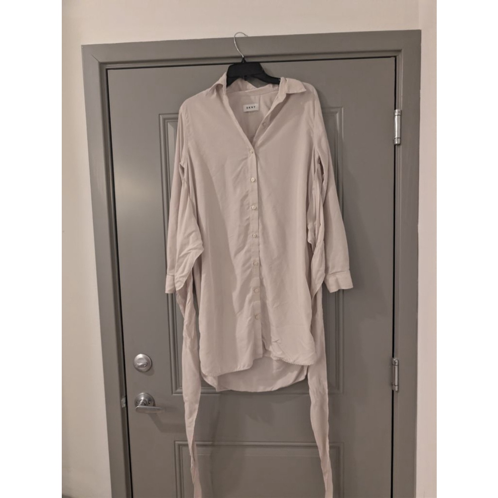 Women's DKNY Beige Long Sleeve Shirt Dress with Tie Waist, Size 4 - Picture 3 of 7